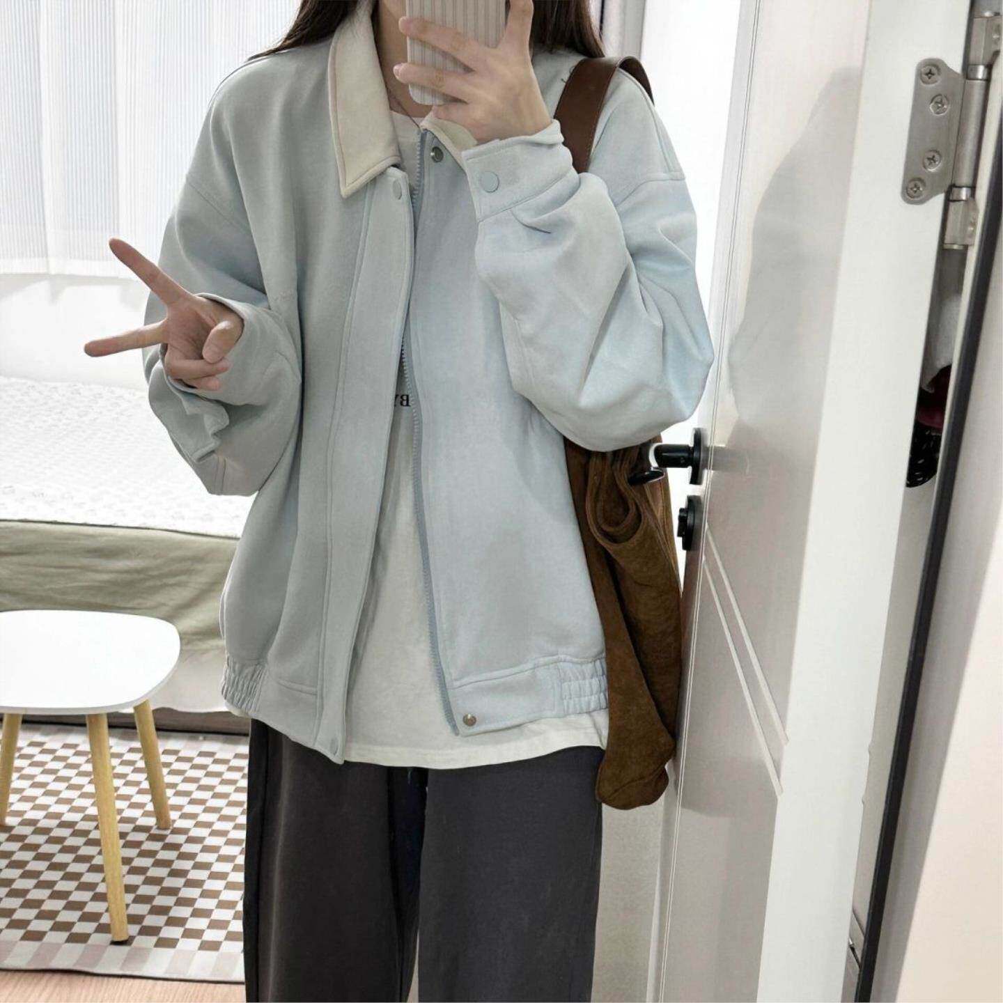 复古日系翻领棒球服外套女春秋季2026新款甜美百搭绒料情侣夹克男