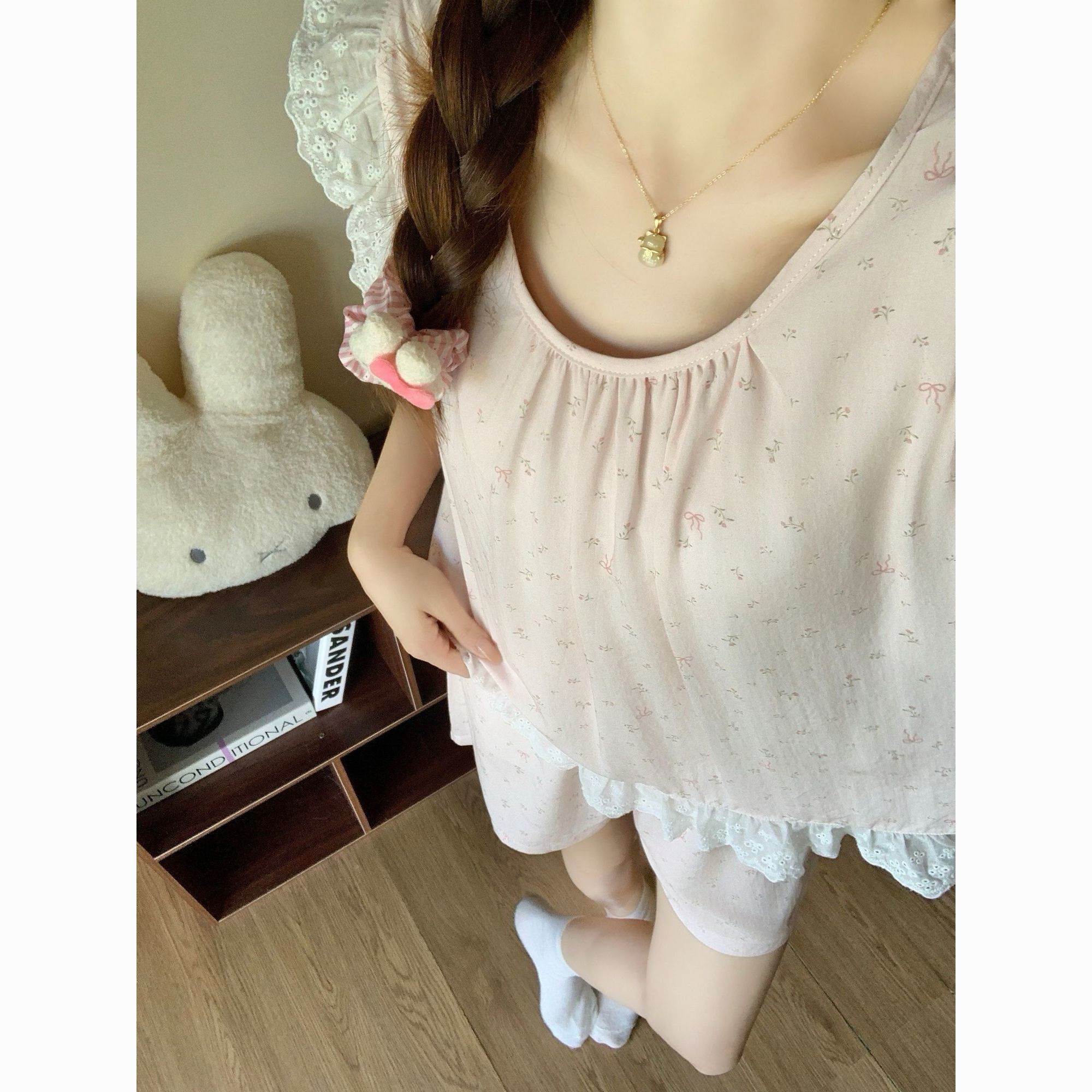可爱甜美公主风睡衣女2026年夏季薄款小飞袖上衣短裤两件套家居服