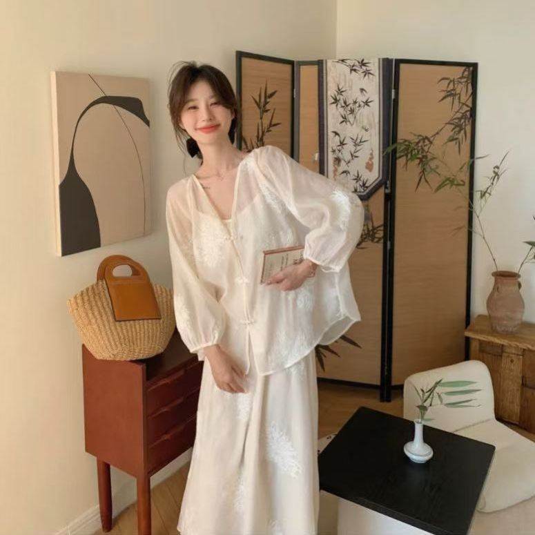 新中式女装夏季白色蕾丝刺绣国风套装女轻奢甜美半身裙脚踝三件套