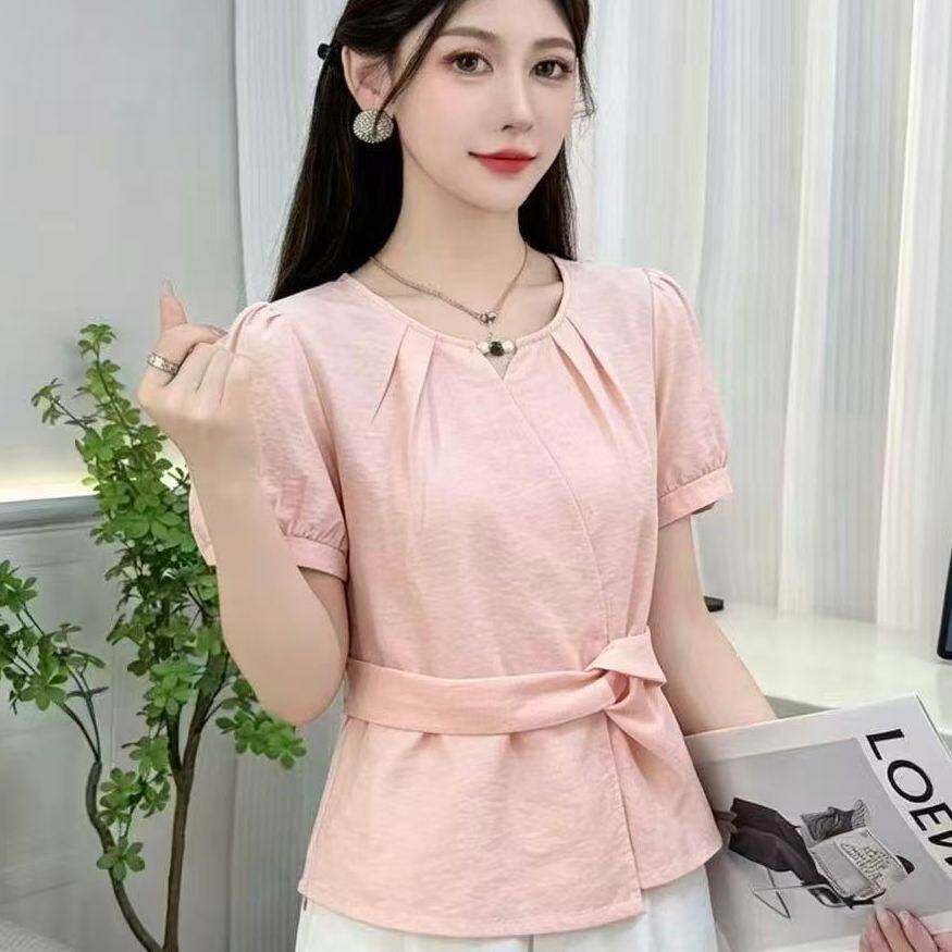 纯色圆领修身简约打皱遮肚气质女士2026夏季新款短袖短款雪纺衫