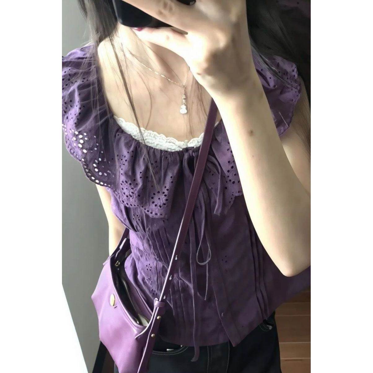 法式荷叶边短袖衬衫女夏季新款紫色衬衣复古修身设计感小衫上衣