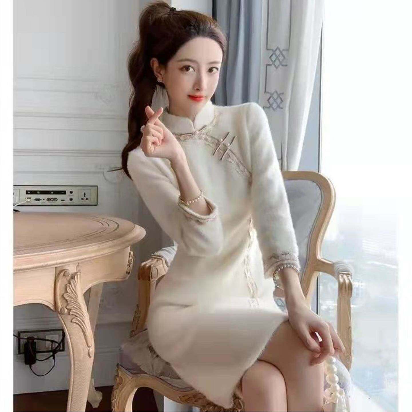 温柔风水貂绒改良旗袍裙连衣裙女春夏2026新款法式别致设计感裙子