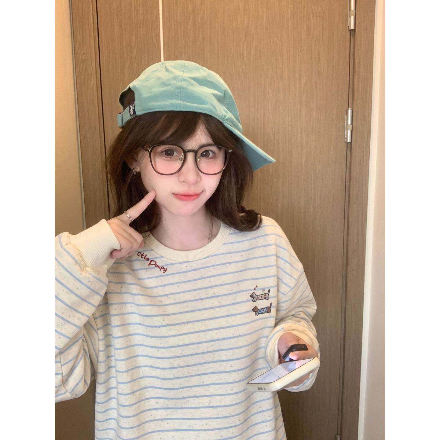 刺绣腊肠小狗条纹长袖卫衣女冬天欧美风穿搭上衣潮流衣服韩系