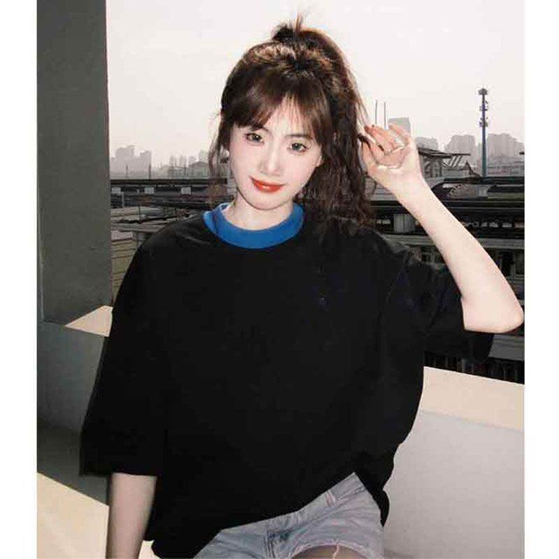 高级感简约撞色 黑色宽松大版洋气短袖t恤女夏季中长款遮屁股上衣