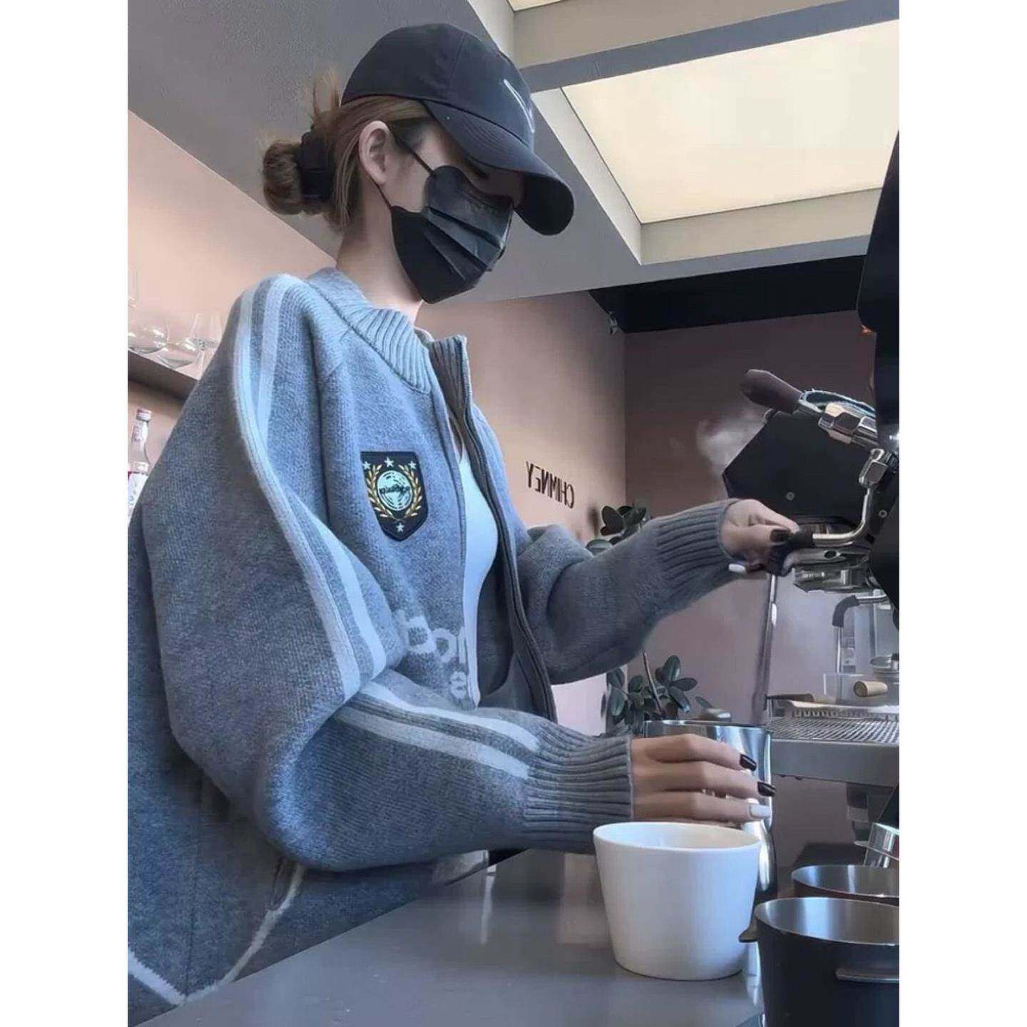 美式复古拉链立领开衫毛衣女春夏慵懒风宽松外穿内搭针织外套上衣