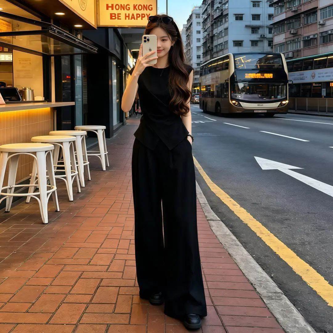 时尚休闲套装独特绝美漂亮气质穿搭一整套宽松显瘦阔腿裤两件套女