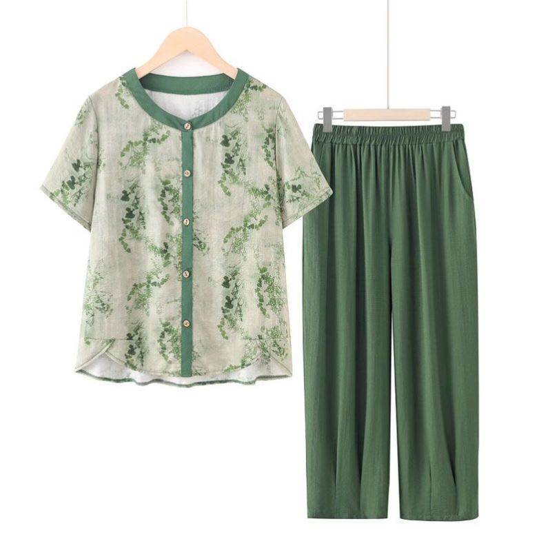 妈妈夏装套装新款短袖上衣中年女装夏季大码中老年休闲奶奶两件套