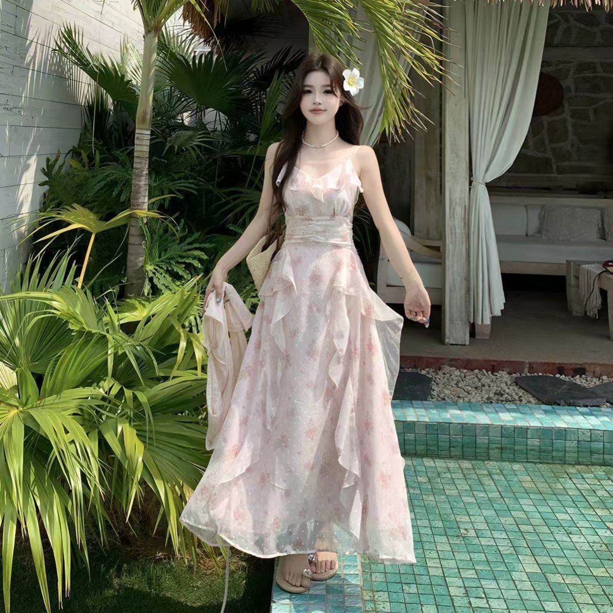 甜美温柔风法式时尚长裙女夏季新款修身洋气粉色碎花吊带连衣裙子