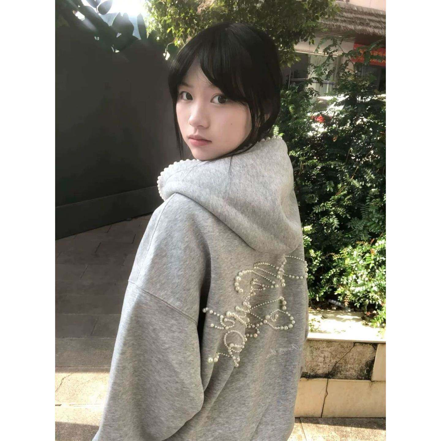 美式复古珍珠钉珠刺绣开衫连帽卫衣女小众初秋上衣情侣秋季外套