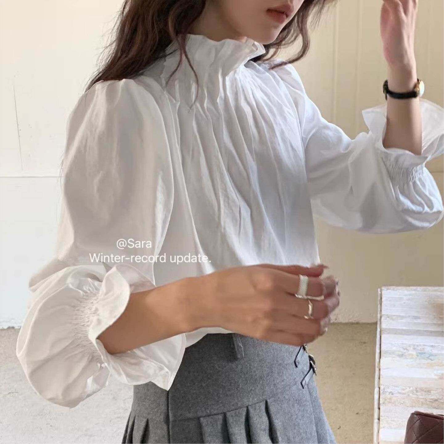 宫廷风花边立领白色泡泡袖衬衫女设计感秋季新款显瘦打底气质上衣