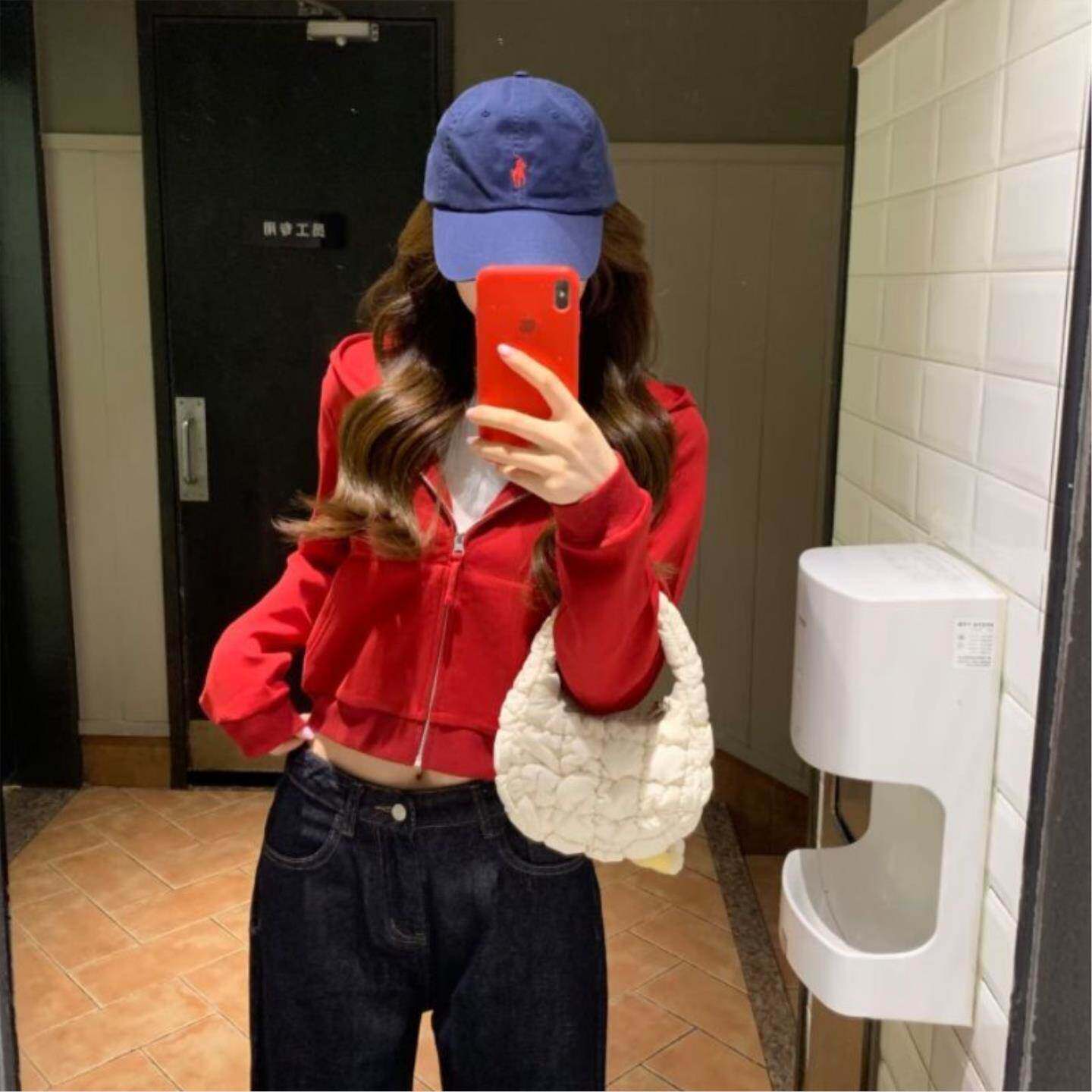 少女时代风双帽红色韩版短款卫衣外套秋季简约显瘦拉链开衫上衣女