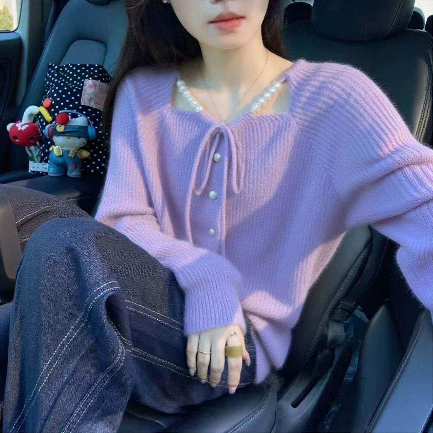 胖MM穿搭甜美蝴蝶结系带珍珠针织开衫秋冬季新款时尚高级百搭毛衣