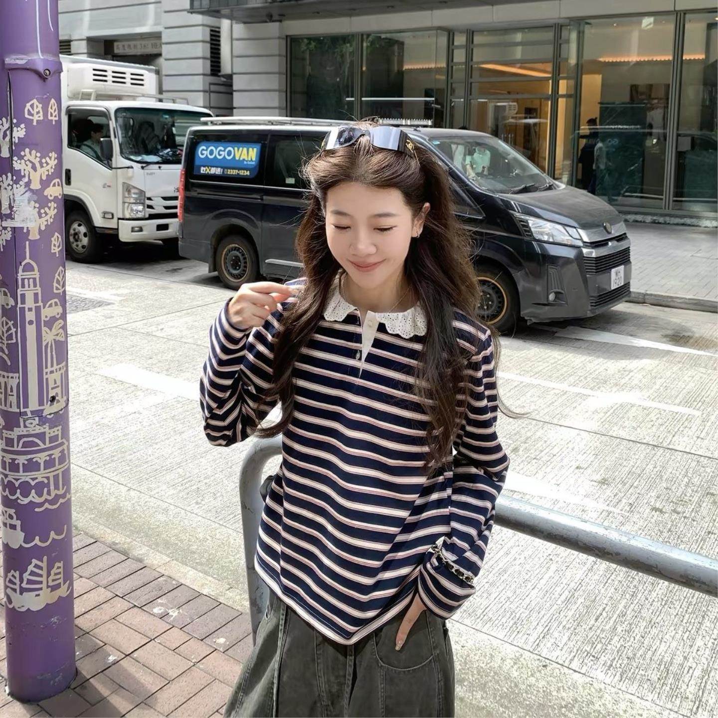 花边领拼接条纹撞色休闲长袖圆领T恤女秋季新甜美少女感显瘦上衣
