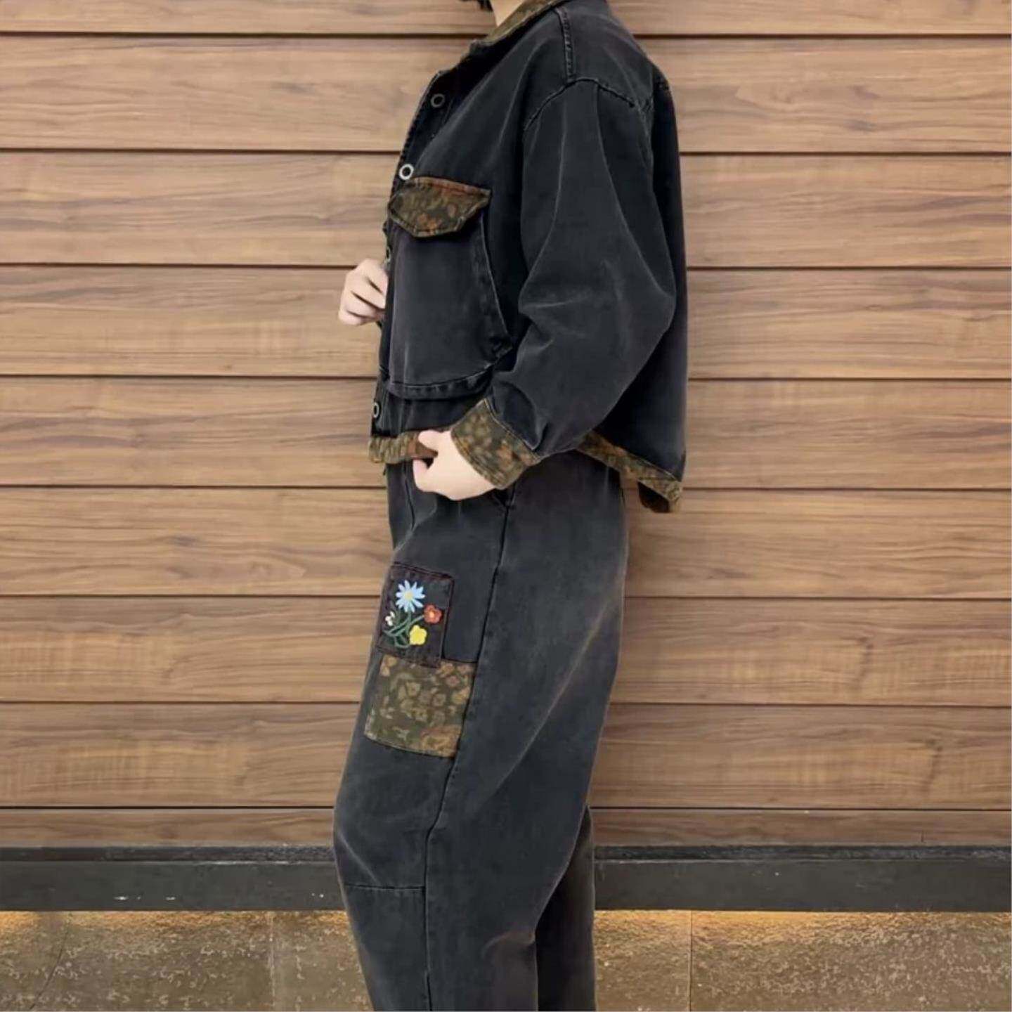 复古刺绣牛仔两件套时尚2026秋季女装一整套炒色外套哈伦裤套装女