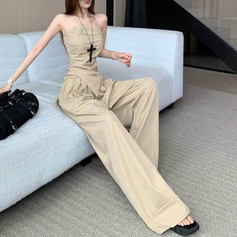 辣妹时尚显瘦套装女夏季薄款不规则裹胸上衣高腰阔腿裤工装两件套