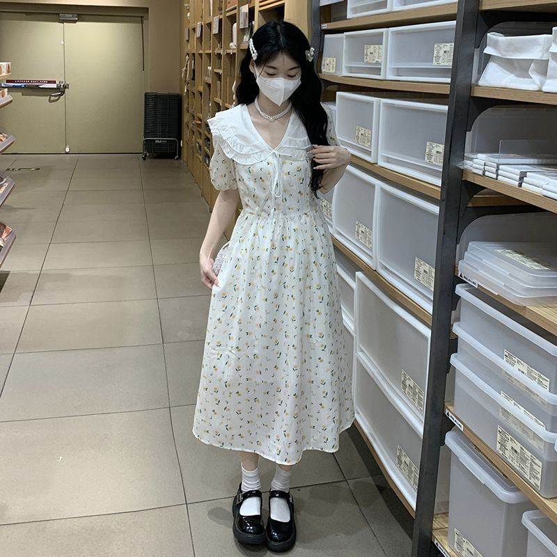 韩版法式宽松初恋碎花连衣裙学生学院清新中长款娃娃短袖公主裙子