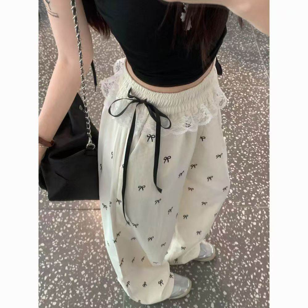 杏色蕾丝蝴蝶结休闲裤女春夏季小个子高腰显瘦宽松直筒阔腿裤子潮