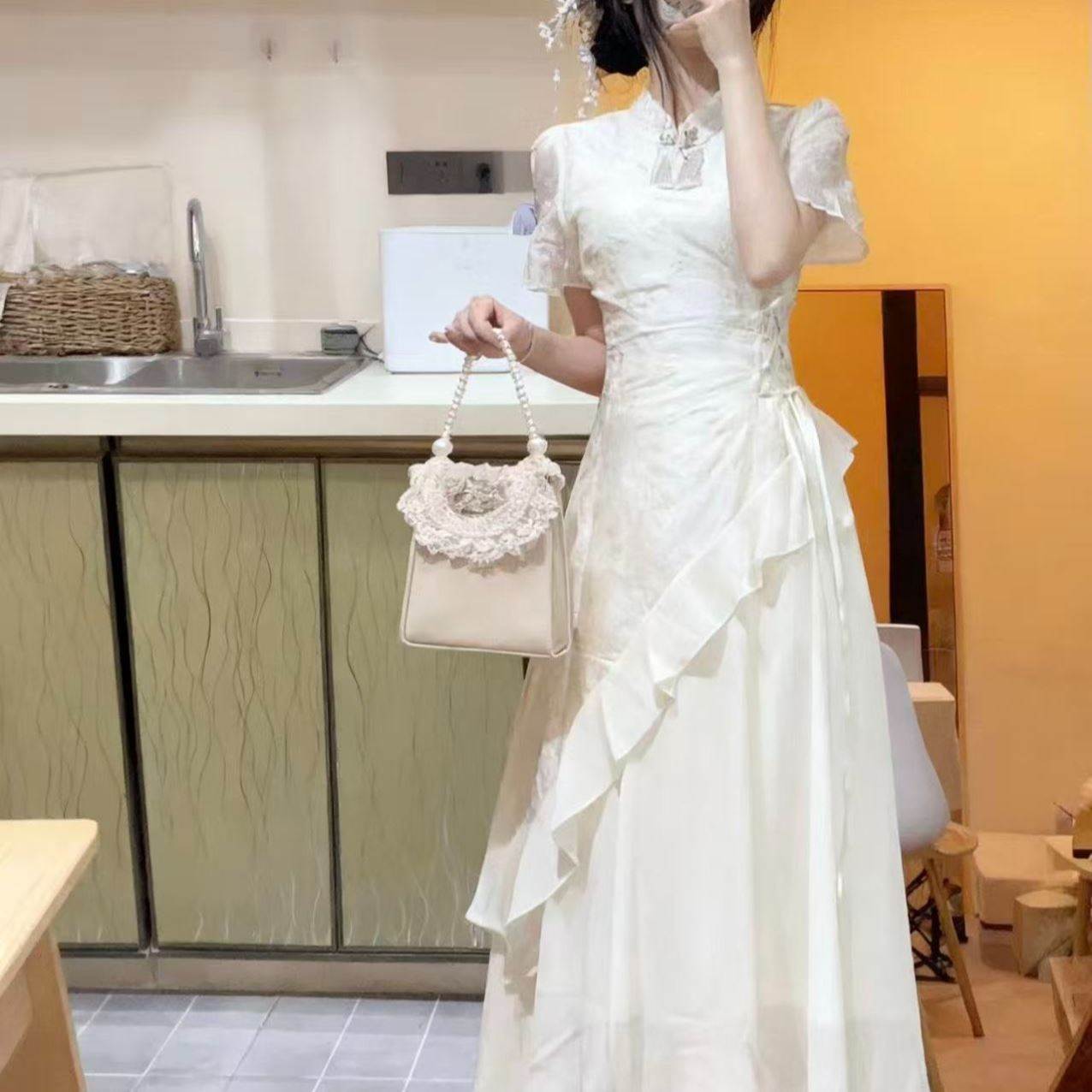 大码女装新中式国风改良旗袍连衣裙女不规则提花收腰显瘦气质长裙