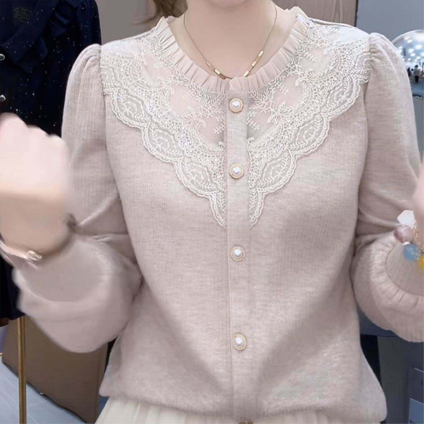 2026秋季女新款拼接蕾丝法式花边T恤长袖上衣女遮肉百搭时尚洋气