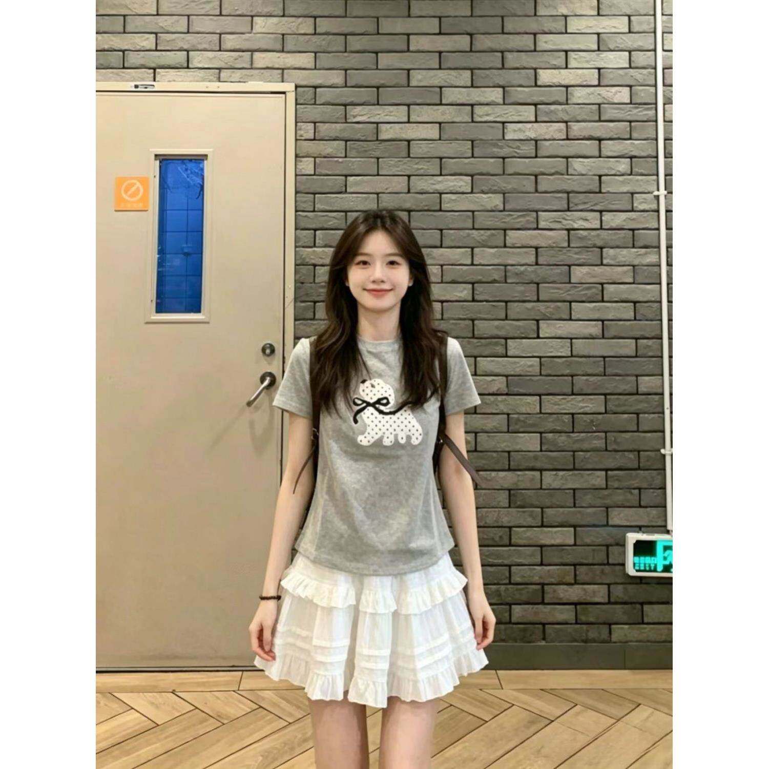 韩系休闲运动套装少女夏季棉波点小狗刺绣短袖T恤半身裙两件套
