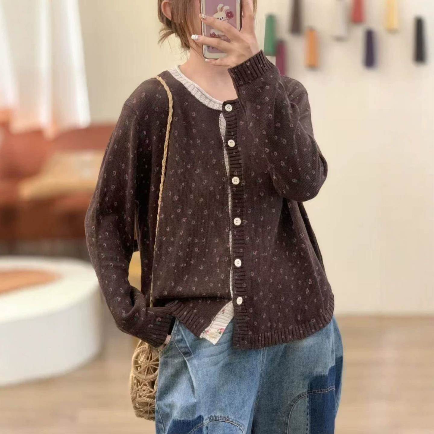 新款上衣印花针织衫外套棉线简约2026复古百搭圆领宽松休闲女秋冬