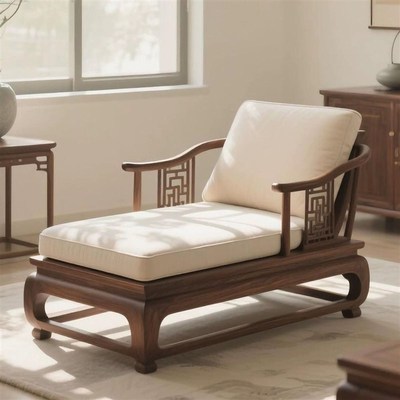 北美黑胡桃木贵i妃椅宋式美学新中式实木沙发椅客厅阳台小户型躺