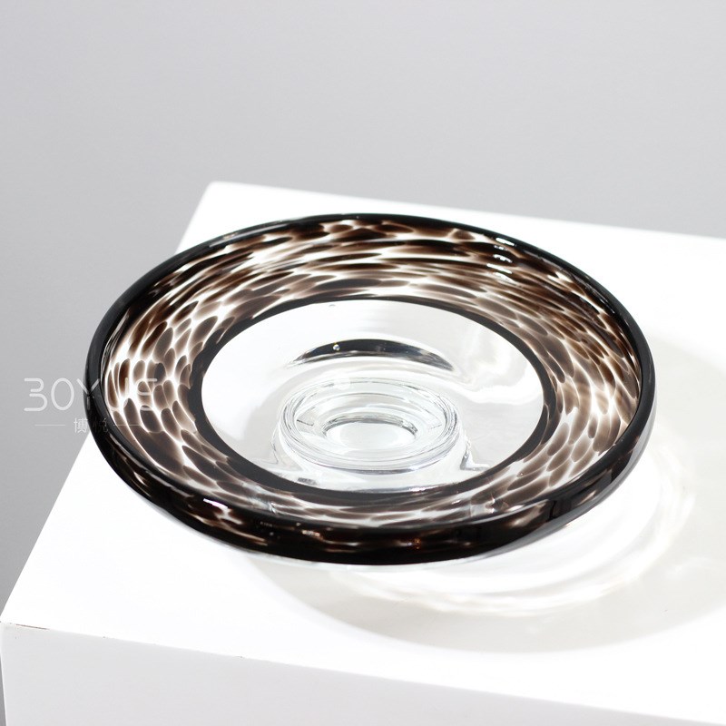 豹纹高脚玻璃果盘高级灰色现代极简风样板间客厅玄关茶几装饰摆件