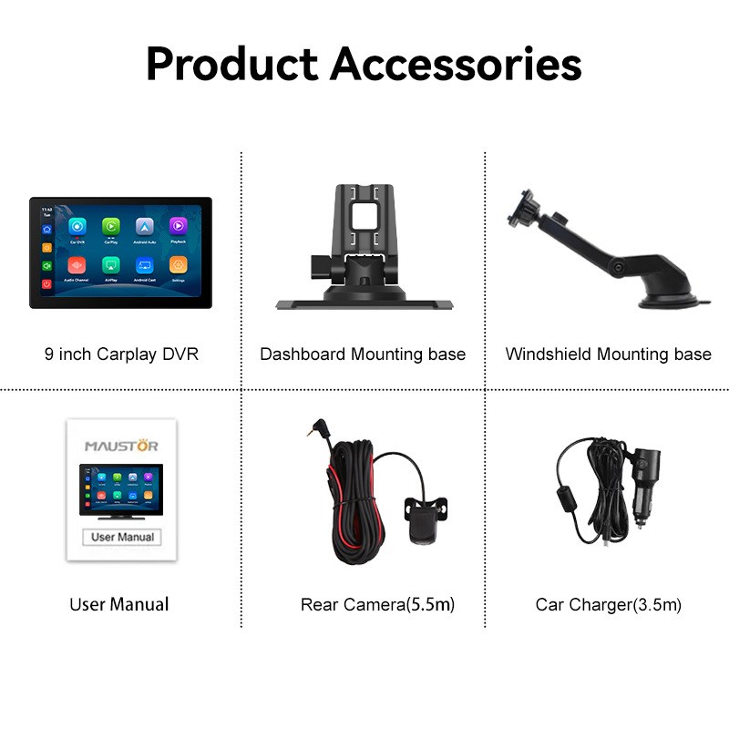 跨境9寸无线CarPlay便携式中控屏车机导航4K光感ADAS行车记录仪