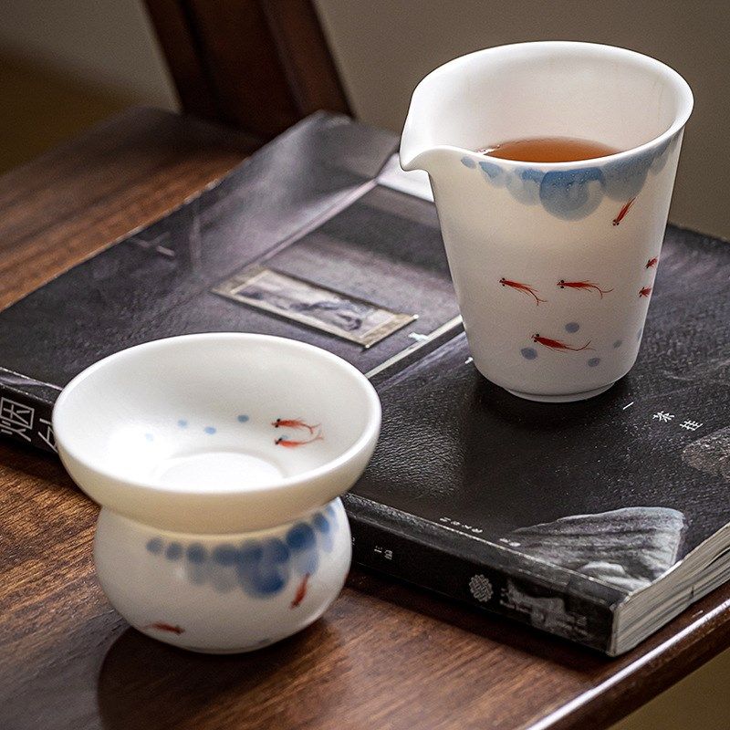 陶瓷全瓷一体茶漏茶滤汝窑手绘鱼戏荷白瓷茶滤网茶隔茶艺茶具配件,餐饮具,茶道/零配,淘宝优惠券,粉丝福利购,淘宝优惠卷