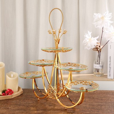 欧式轻奢高档三层五盘水果篮 花纹装饰手提玻璃果盘 果盘工艺品