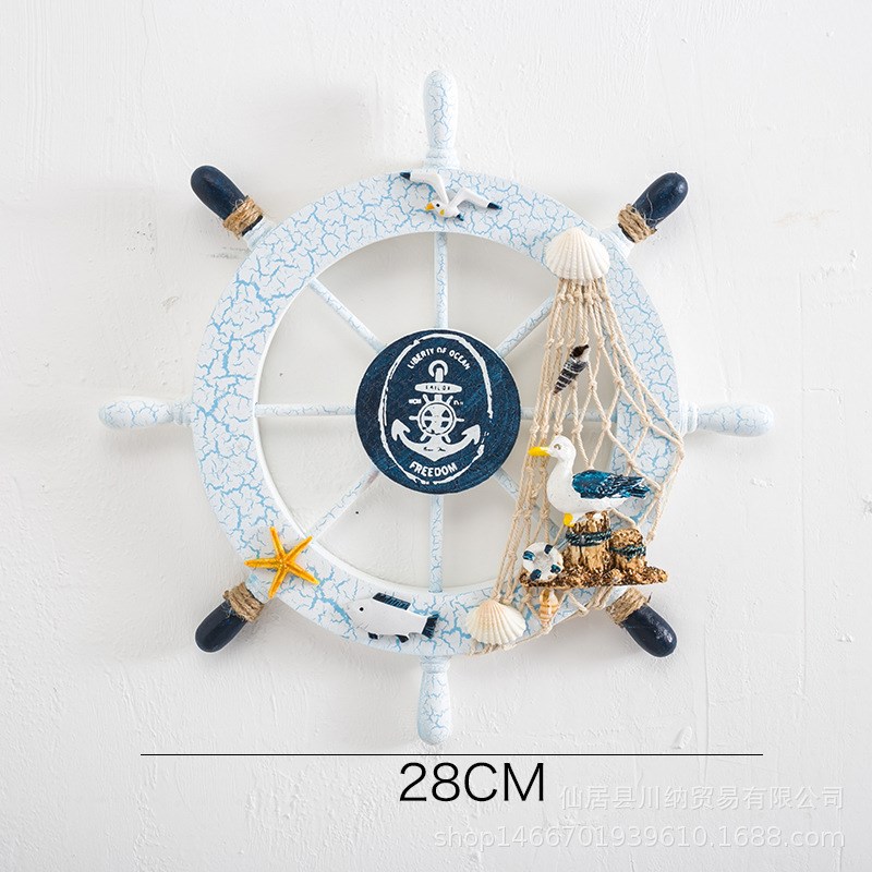 地中海风格装饰摆件挂饰木质裂纹船舵方向盘实木工艺品28公分舵手