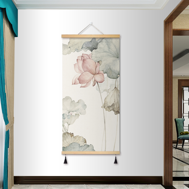 中式荷花办公室装饰画书房挂画布艺茶室房间壁画挂布玄关画免打孔图片
