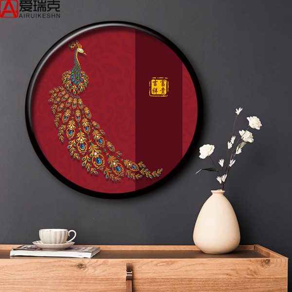 中式现代圆形玄关走廊过道装饰画竖版进门孔雀装饰画入户客厅挂画图片