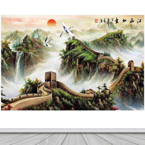 横版长城江山如画仙鹤贴纸画墙贴家用自粘壁画玄关海报家居贴纸画