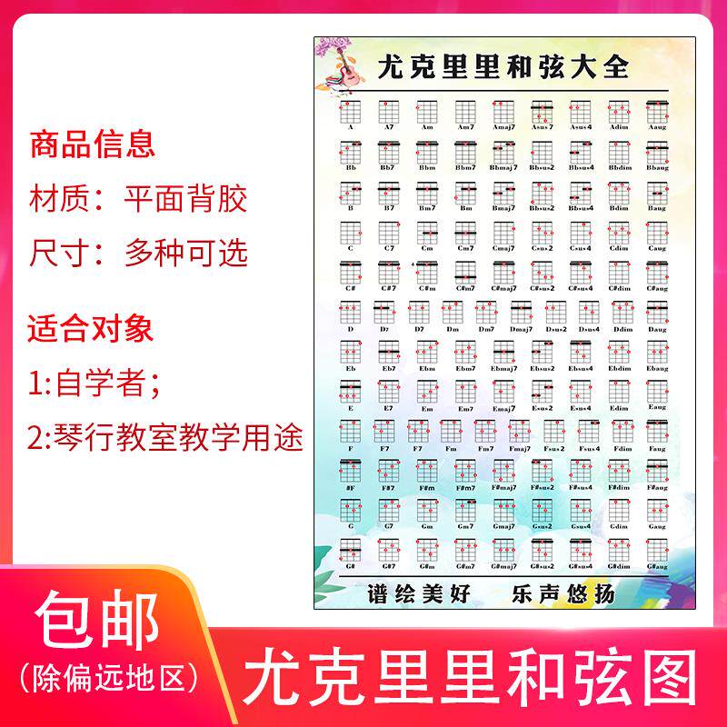 尤克里里和弦图自学ukulele教材 乌克丽丽曲谱琴行教学用品装饰画
