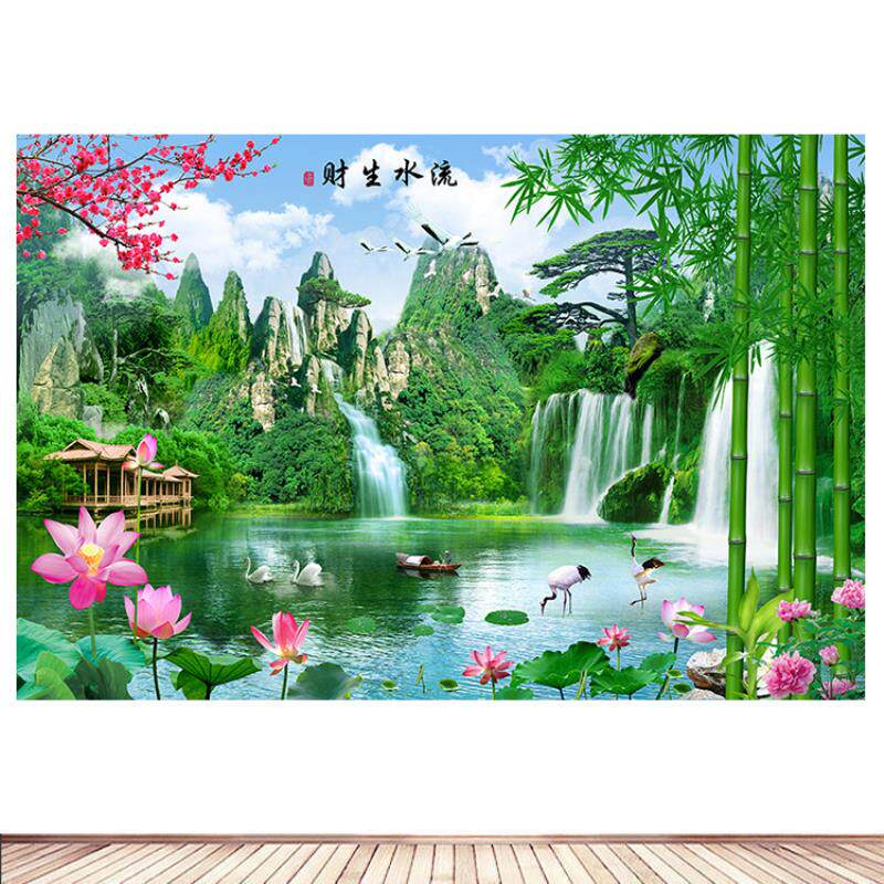 青山绿水迎客松流水生财装饰画荷花竹子墙贴壁画黄果树招财自粘画