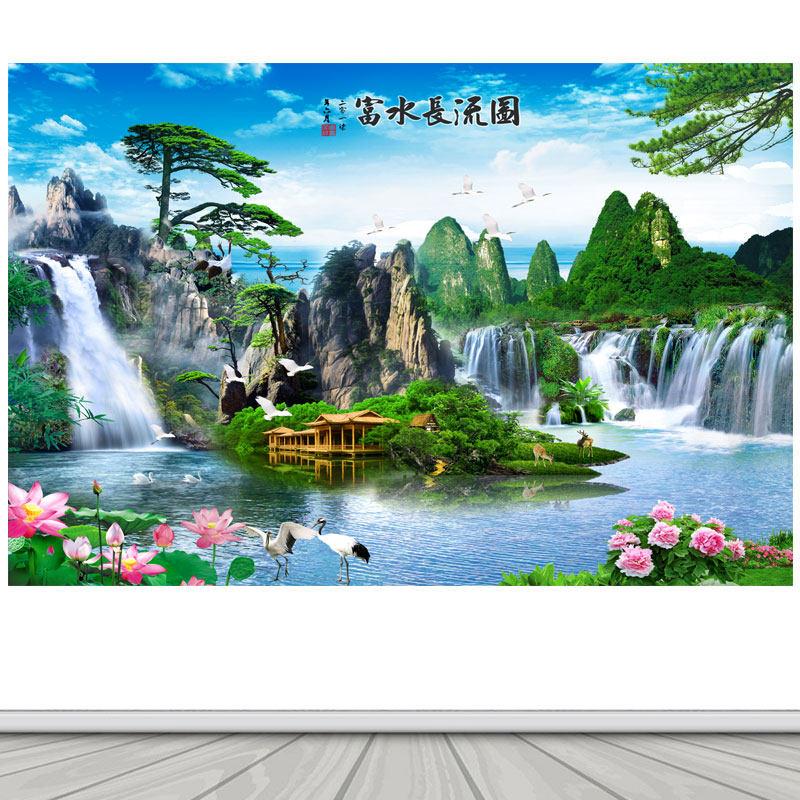 高山大瀑布 富水长流风景装饰画 办公室背景墙自粘帖子墙画图片