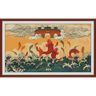 现代背景墙画办公室客厅字画装饰画玄关壁画鲤鱼跃龙门