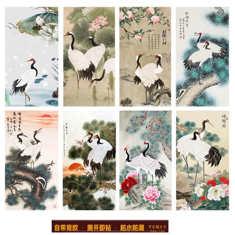 自粘松鹤延年玄关仙鹤寿桃装饰贴画壁画竖版客厅玻璃墙贴画