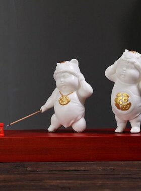 陶瓷卡通人物香插摆件虎娃禅意手工描金 香线办公桌客厅装饰礼品