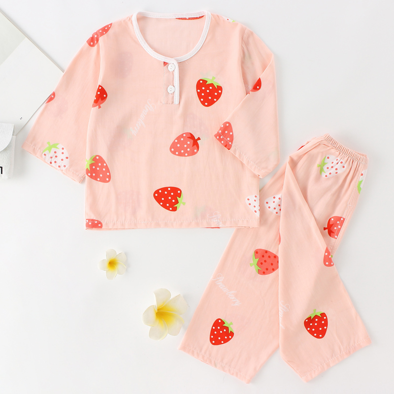 儿童棉绸睡衣夏季女童宝s宝绵绸长袖空调服男童夏天薄款家居服套