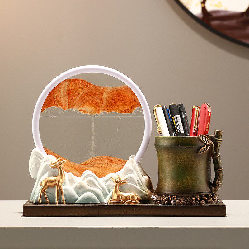 现代客厅流沙画摆件书房书柜高级感沙漏装饰品办公室实用笔筒摆设