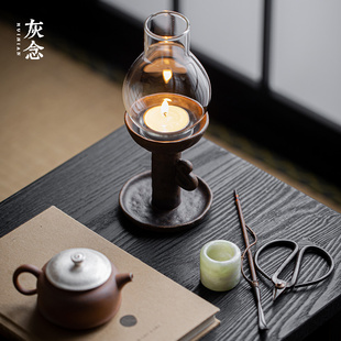 饰摆件日式 灰念酱釉老岩泥仿l古烛台禅意茶道茶桌装 家用粗陶蜡烛