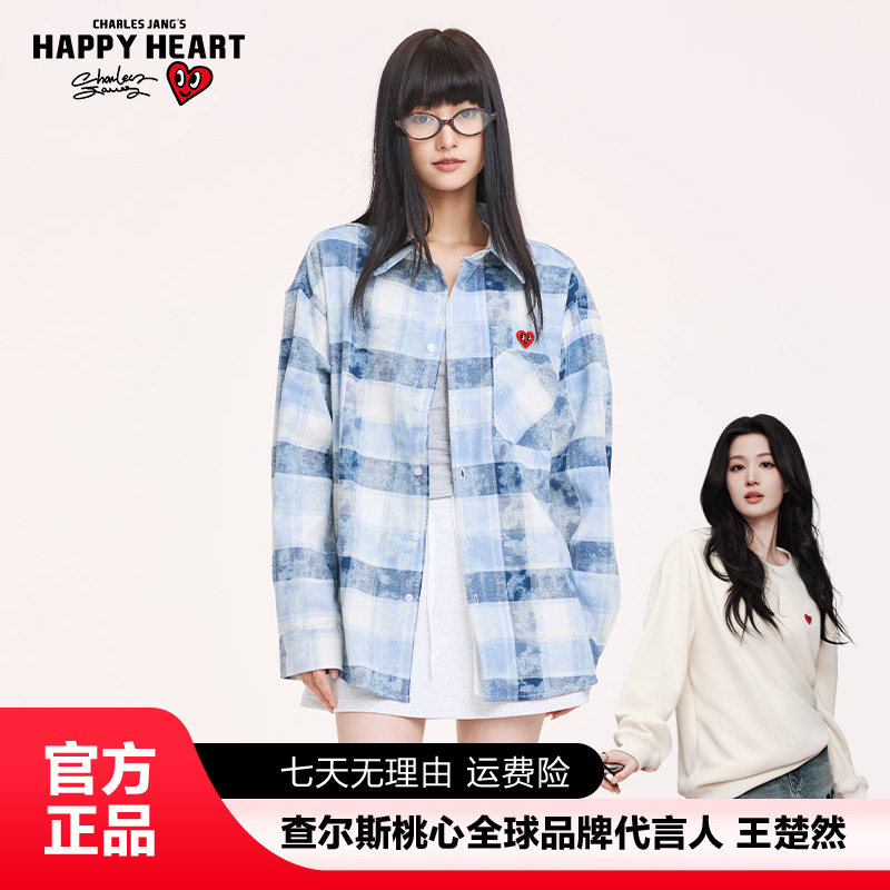 查尔斯桃心 美式复古扎染休闲格子衬衫女宽松时尚上衣外套衬衣