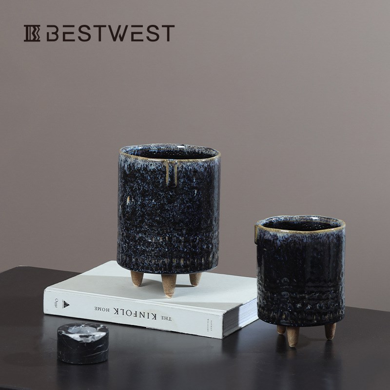 Best west 中式陶瓷做旧高脚陶瓷花瓶花器软装饰品插花瓶桌面摆件