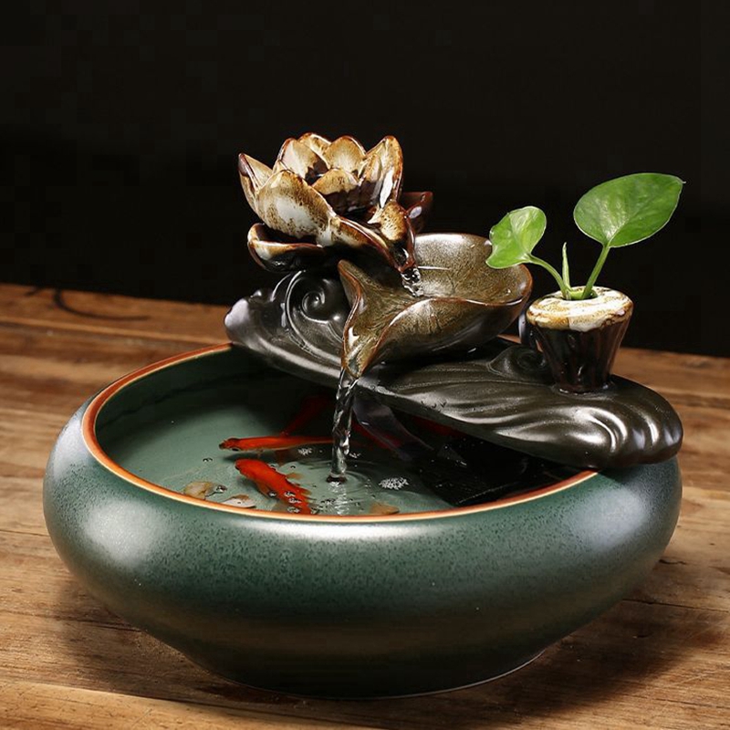 循环流水陶瓷鱼缸招o财进宝生财摆件莲花创意流水器茶台风水摆件