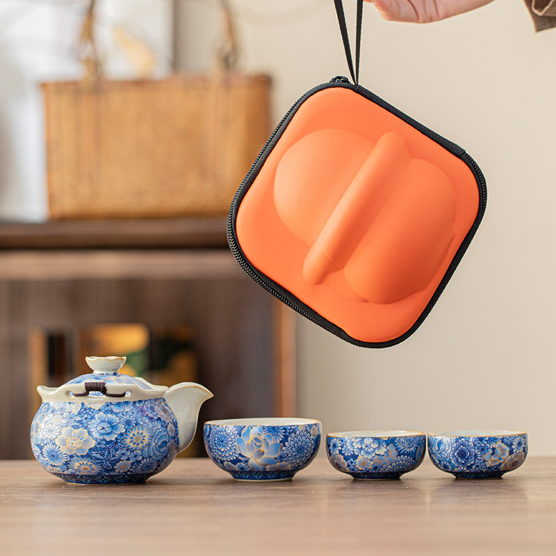 新款青花陶瓷手抓壶套装户外便携一壶三杯旅行茶具快客防烫泡茶壶,餐饮具,旅行茶具,淘宝优惠券,粉丝福利购,淘宝优惠卷