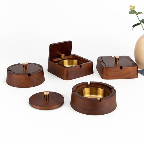 实木烟灰缸家用客厅带盖防飞灰创意办公室摆件.木质轻奢高端烟缸