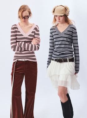 1C00M4羊毛卷边V领细闪条纹T针织衫毛织上衣新年战袍冬季毛衣2025