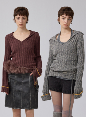 1C00M4羊毛花纱撞色V领上衣毛衣慵懒宽松显瘦针织衫2025秋新款